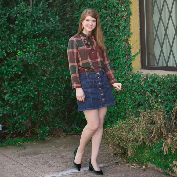 Madewell Plaid Tie-Neck Shirt Brown/Plum Cranberry - M - Picture 9 of 15